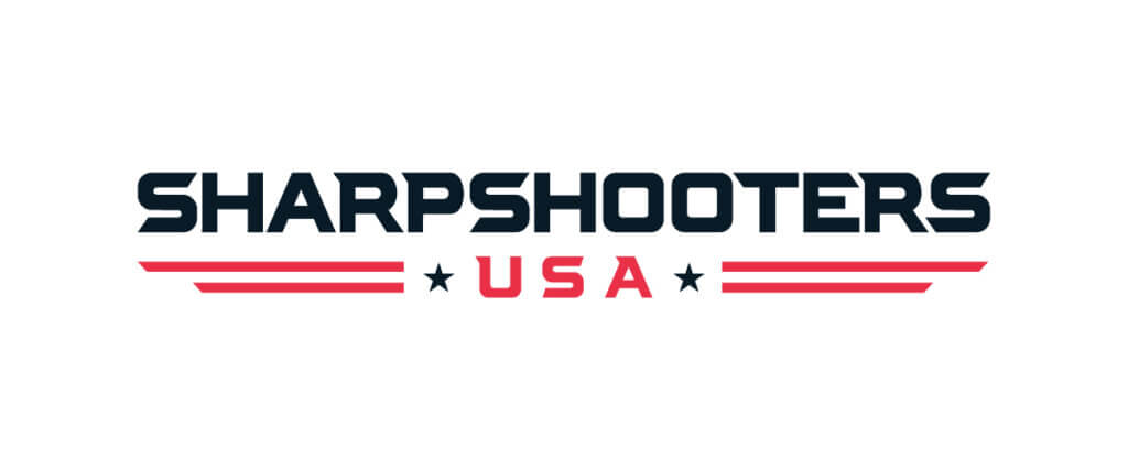 The SharpShooters USA brand wide word mark with stars and stripes.